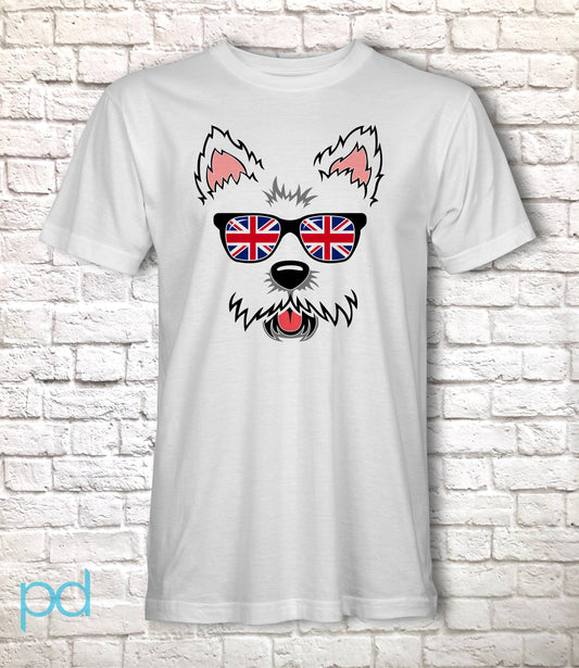 Cute Westie T-Shirt, West Highland Terrier Gift Idea, Adorable Fluffy Dog Face Tee Shirt T Top, UK Union Jack Flag Sunglasses