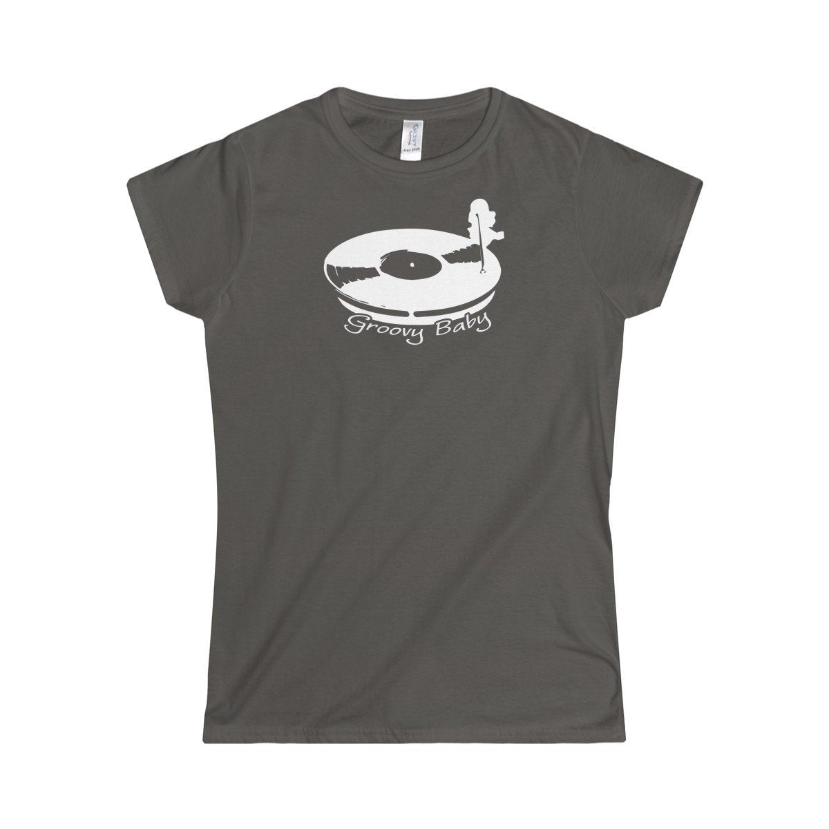 Record Player Turntable Top (Groovy Baby White) Wax Disc DJ Funky Women&#39;s Softstyle Tee