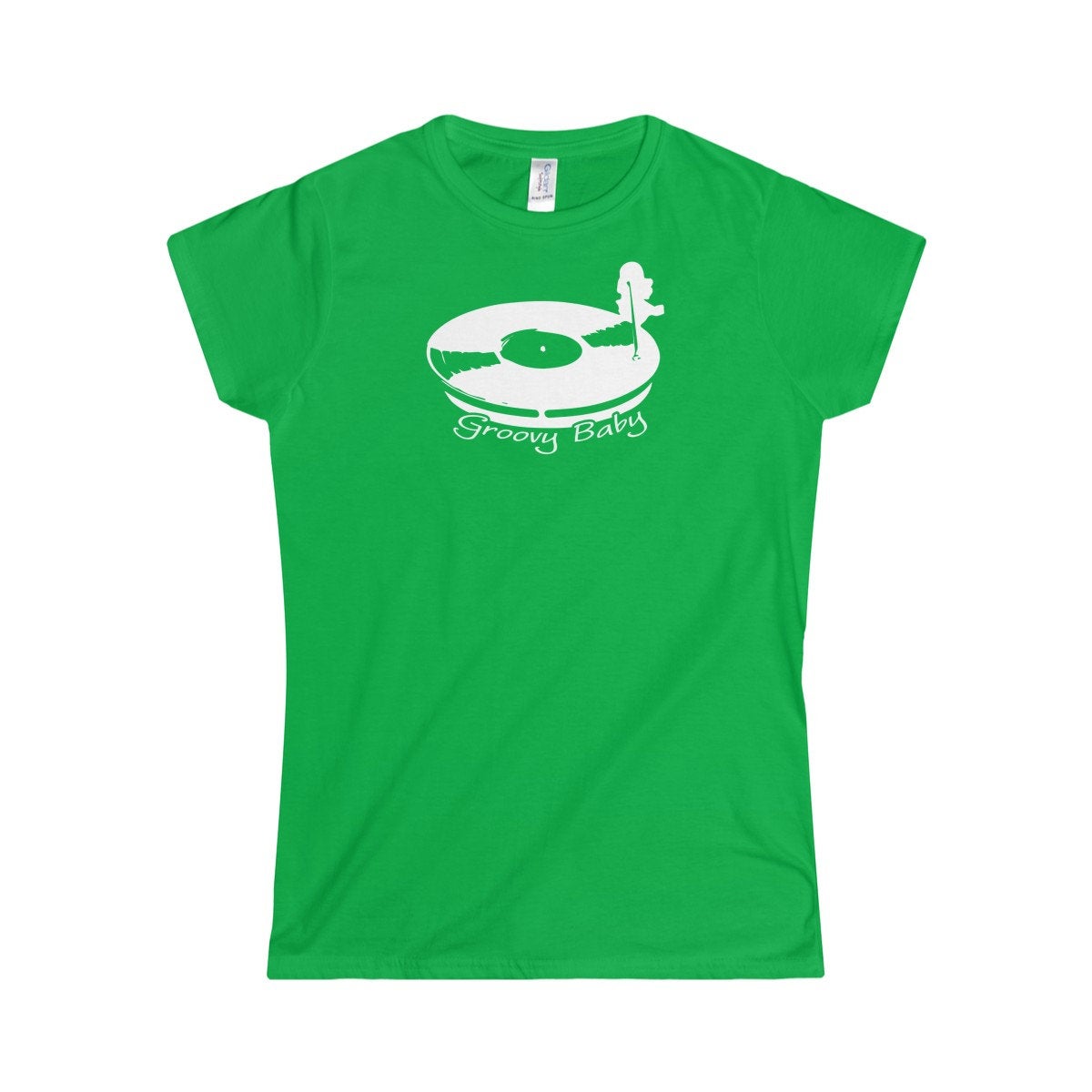 Record Player Turntable Top (Groovy Baby White) Wax Disc DJ Funky Women&#39;s Softstyle Tee