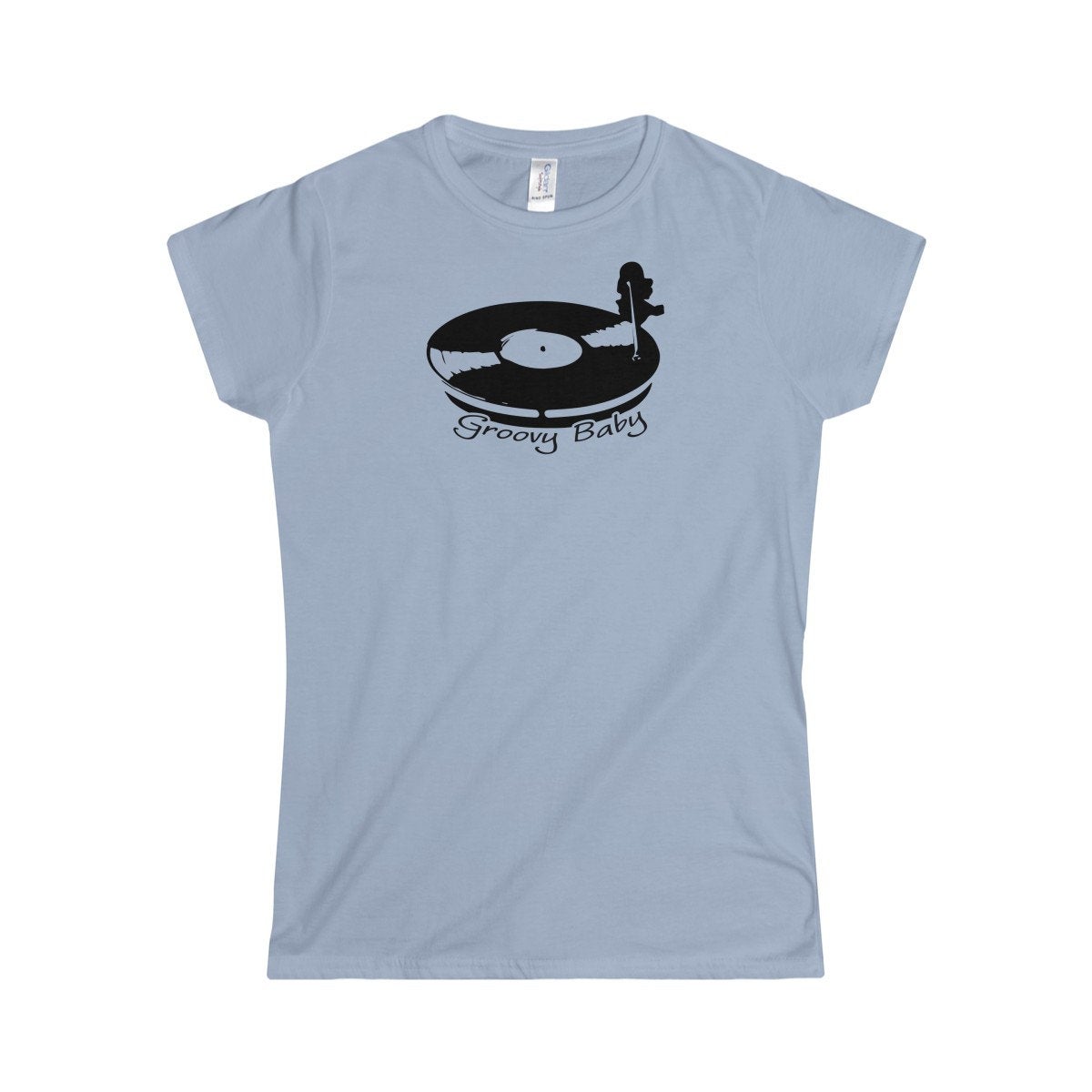 Record Player Turntable Top (Groovy Baby Black) Wax Disc DJ Funky Women&#39;s Softstyle Tee
