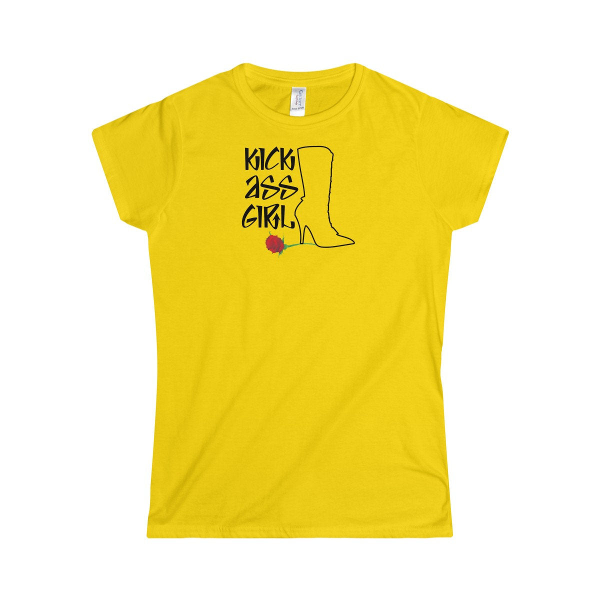 Kick Ass Girl, Girl Power Boot Heel On Rose For A Hit Girl Or Girl Boss Women&#39;s Softstyle Tee