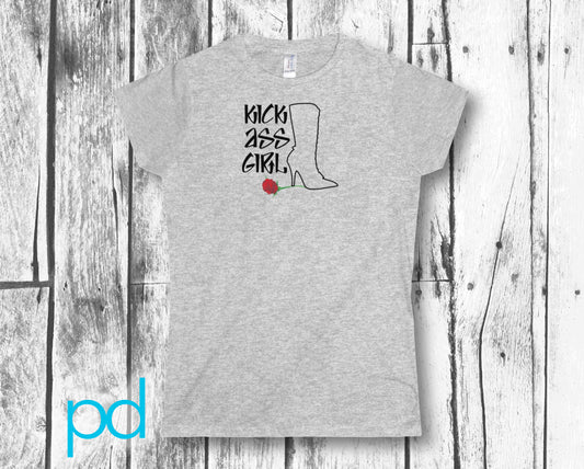 Kick Ass Girl, Girl Power Boot Heel On Rose For A Hit Girl Or Girl Boss Women&#39;s Softstyle Tee