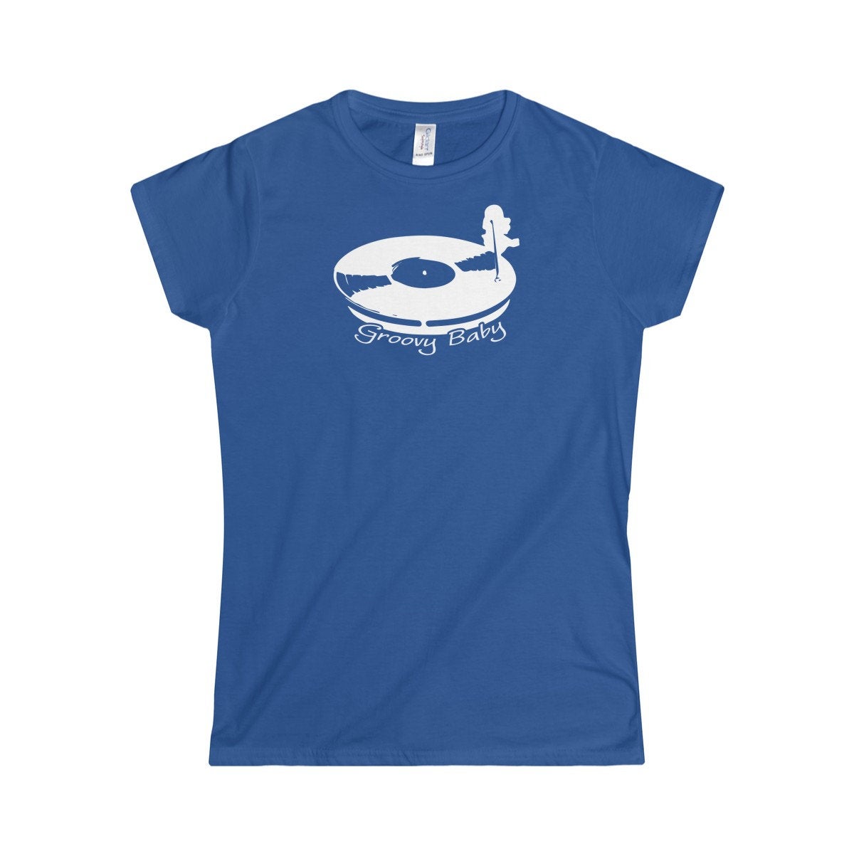 Record Player Turntable Top (Groovy Baby White) Wax Disc DJ Funky Women&#39;s Softstyle Tee