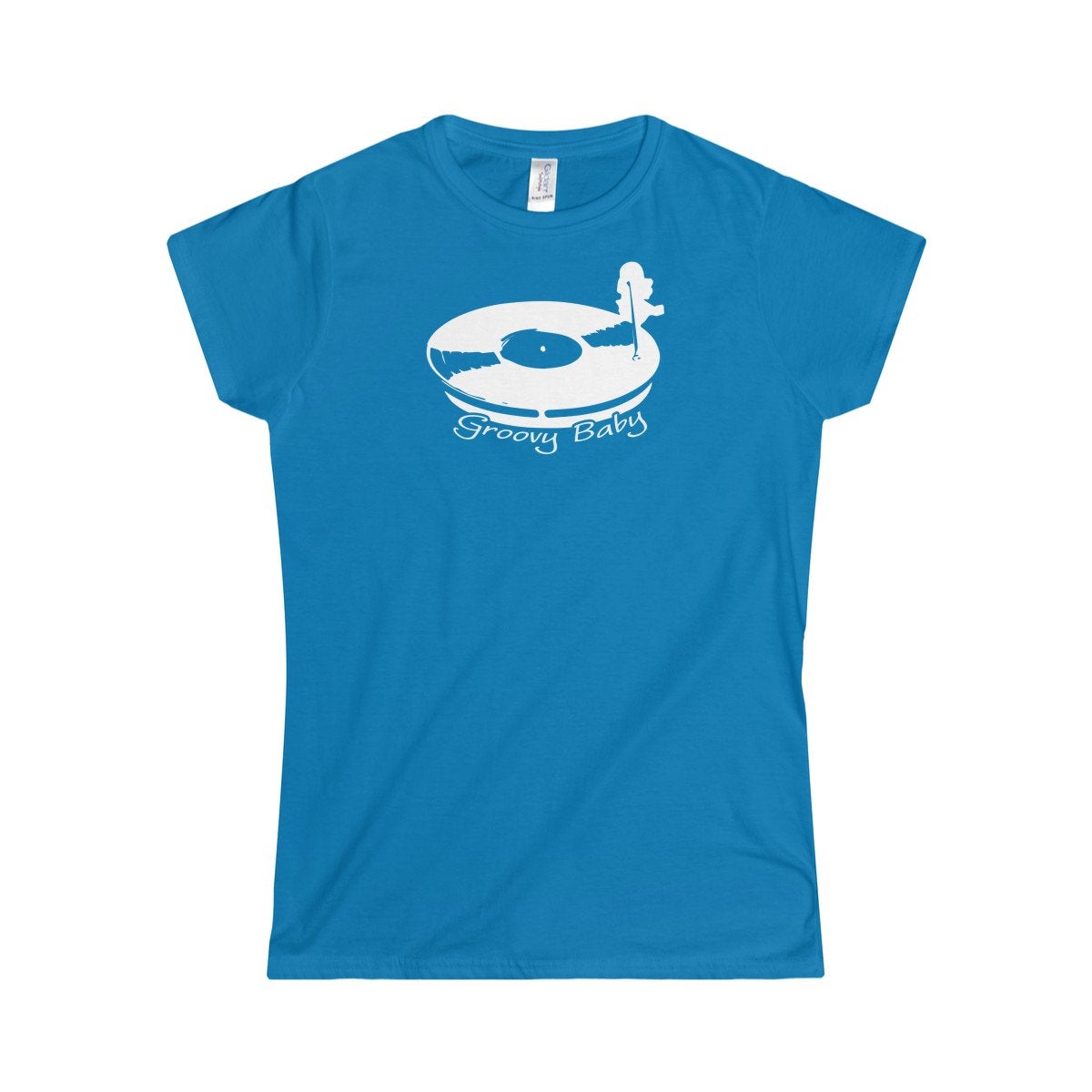 Record Player Turntable Top (Groovy Baby White) Wax Disc DJ Funky Women&#39;s Softstyle Tee