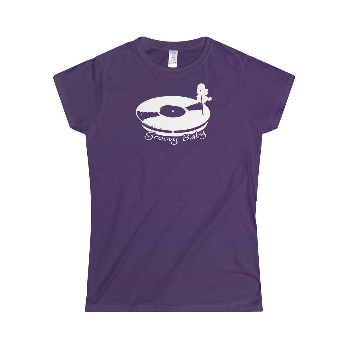 Record Player Turntable Top (Groovy Baby White) Wax Disc DJ Funky Women&#39;s Softstyle Tee