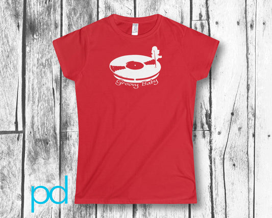 Record Player Turntable Top (Groovy Baby White) Wax Disc DJ Funky Women&#39;s Softstyle Tee