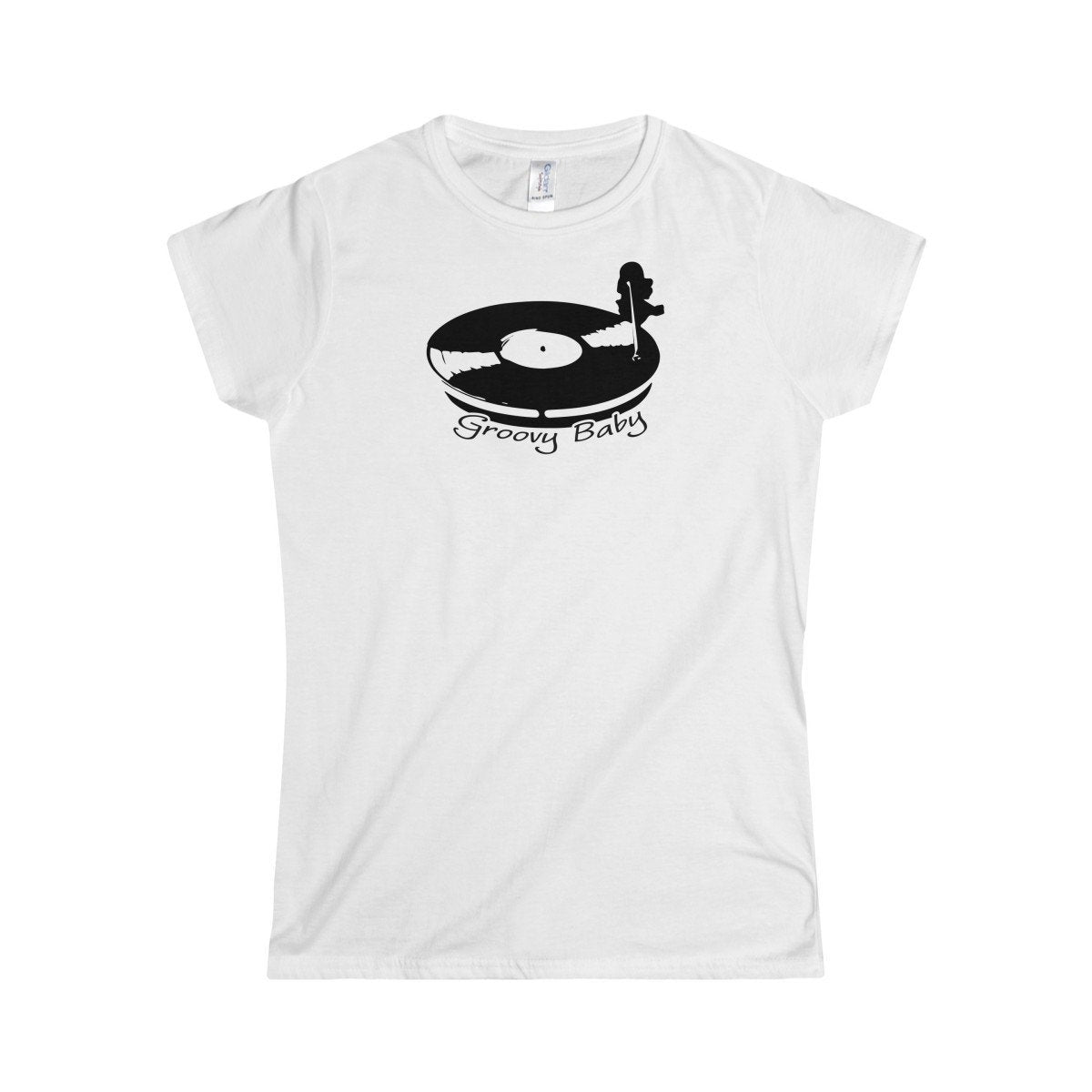 Record Player Turntable Top (Groovy Baby Black) Wax Disc DJ Funky Women&#39;s Softstyle Tee