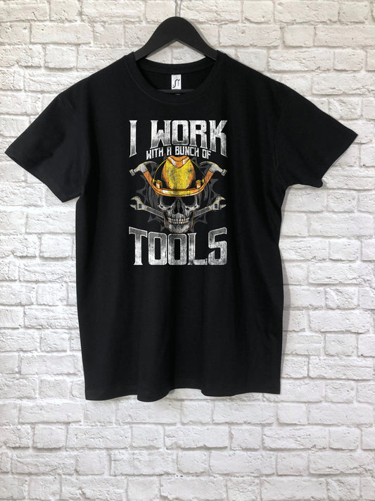 Funny Carpenter T-Shirt, I Work With A Bunch Of Tools Pun Gift Idea, Humorous Manual Worker Woodwork Graphic Tee Top