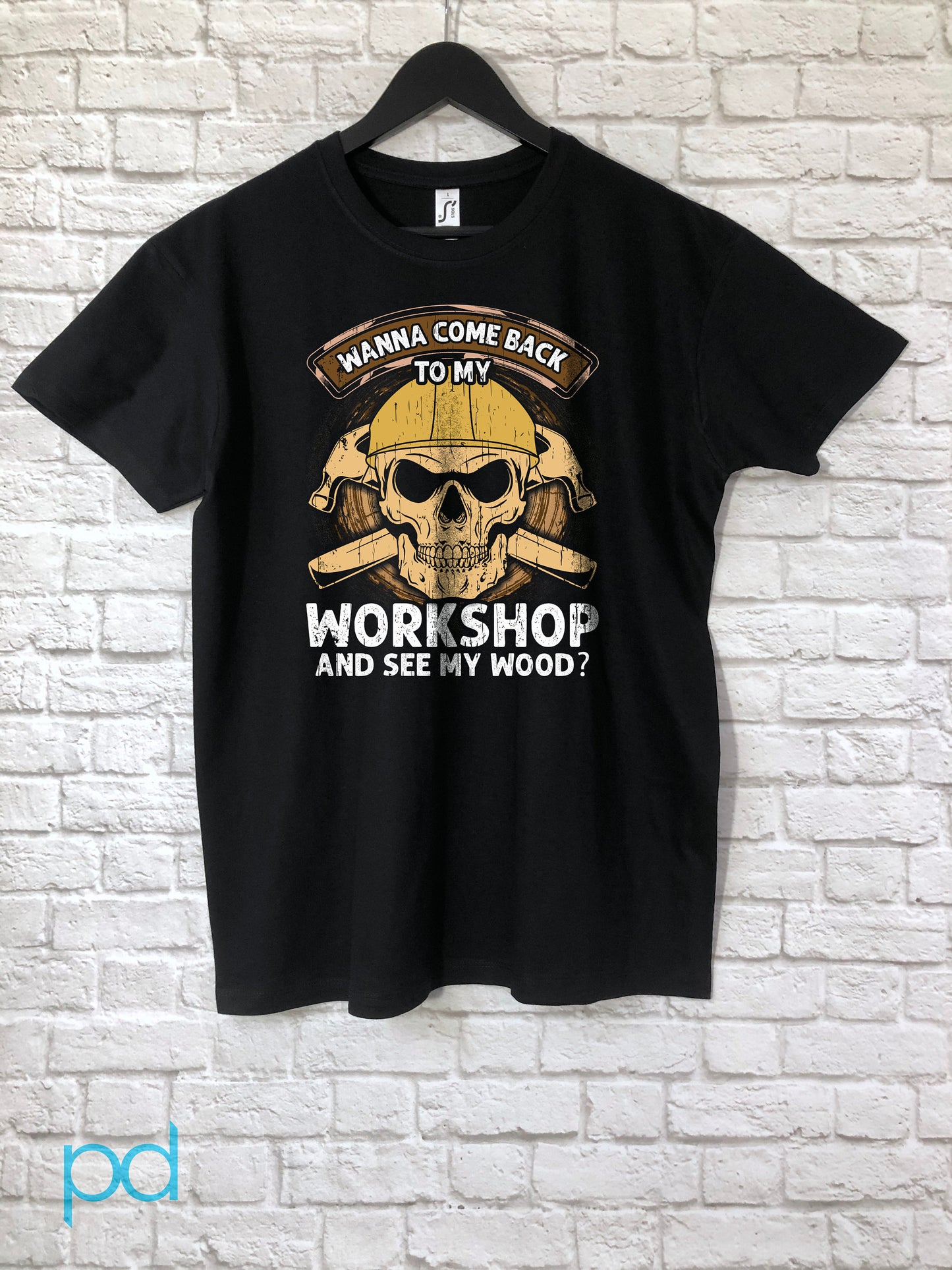 Funny Woodwork T-Shirt, Carpenter Gift Idea, Humorous Graphic Print Tee Shirt Top, Wanna Come Back To My Workshop And See My Wood? Meme