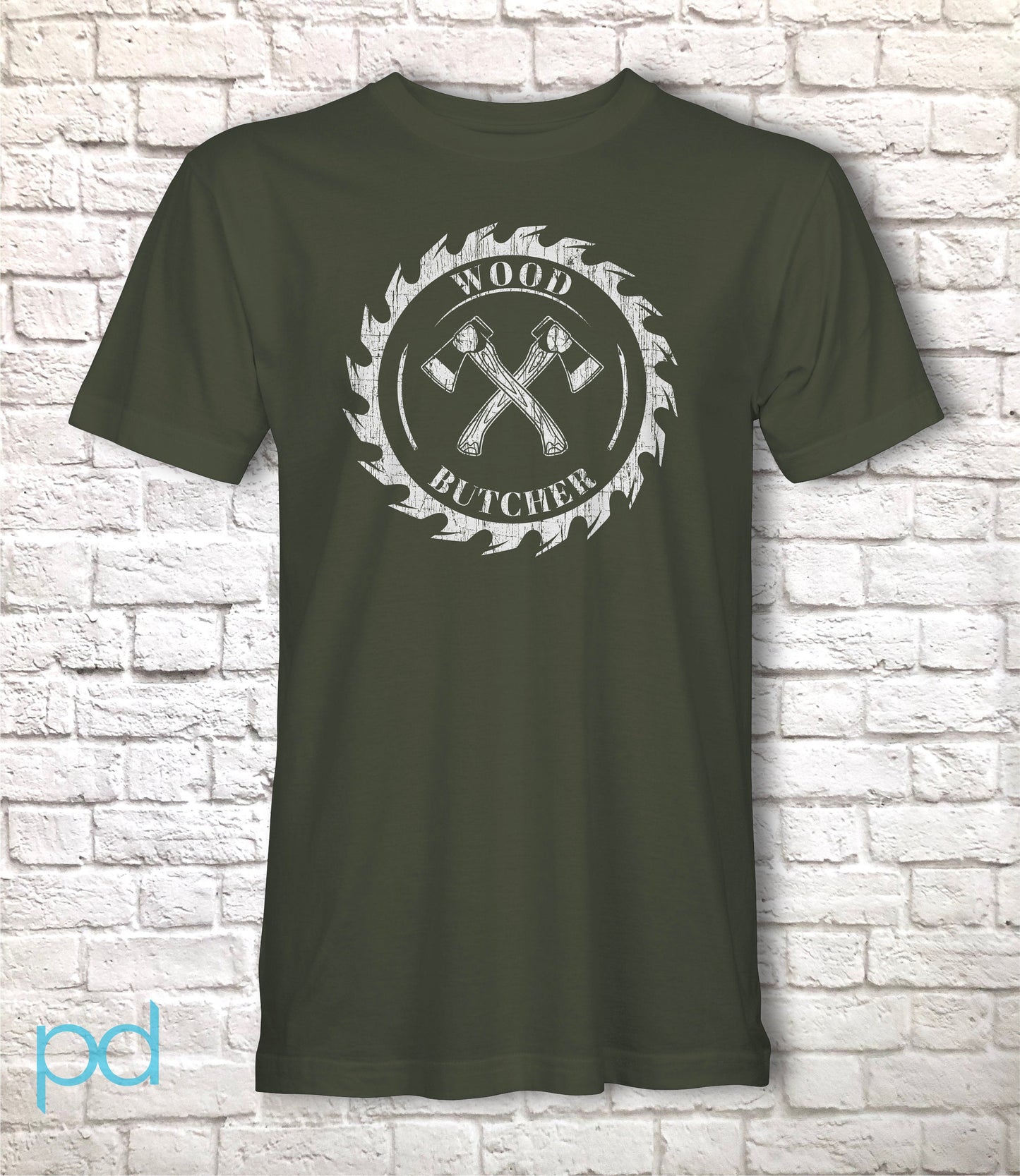 Funny Carpenter T-Shirt, Woodwork Gift Idea, Humorous Wood Butcher Graphic Print Tee Shirt Top Featuring Circular Saw Blade & Pair of Axes